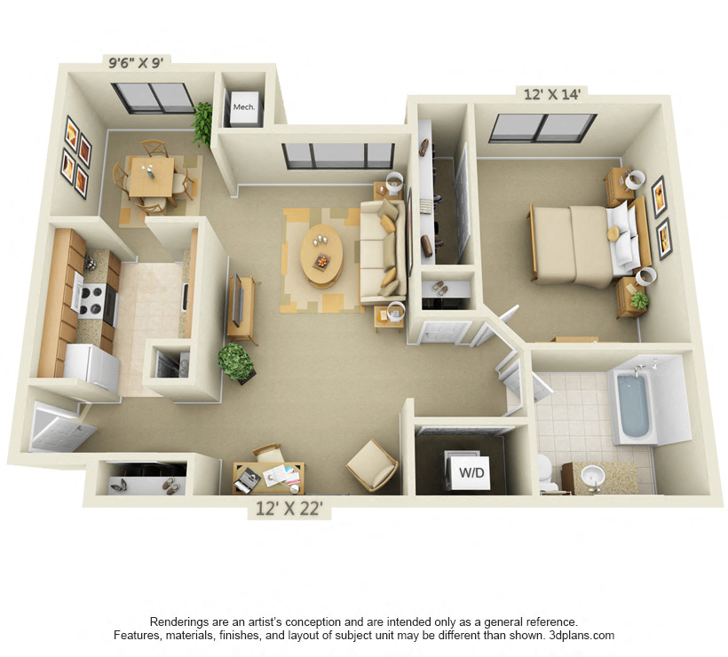 Floor plan for 1 bed, 1 bath, 935 sqft